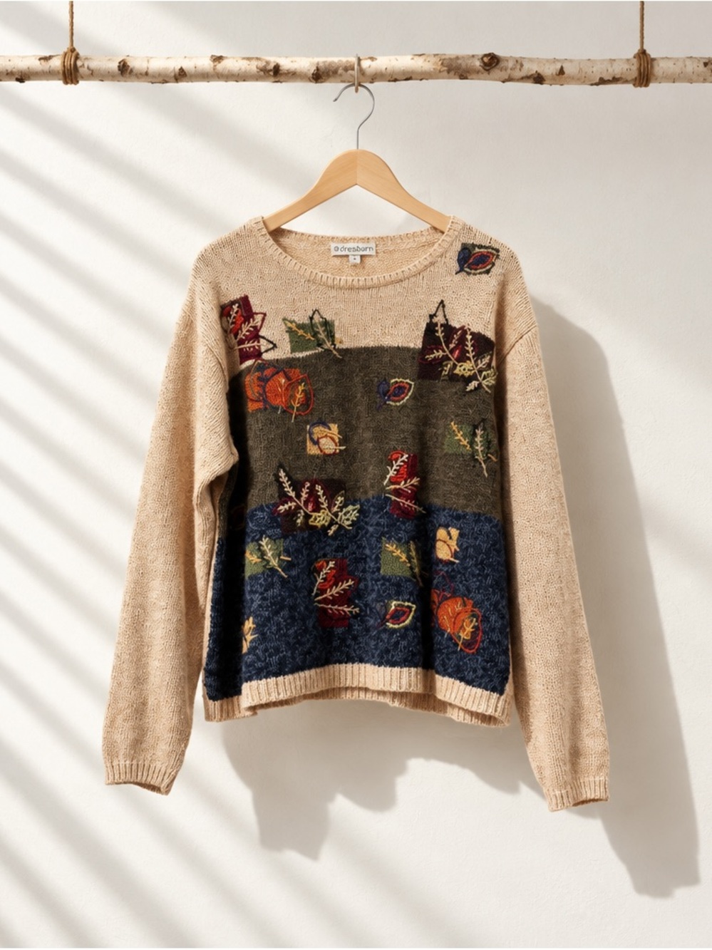Vintage Embroidered Patchwork Knit Leaf Sweater - Beige Multicolor